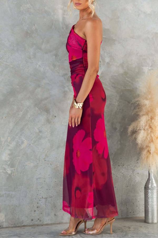 One-Shoulder Printed Mesh Bodycon Mermaid Maxi Dress
