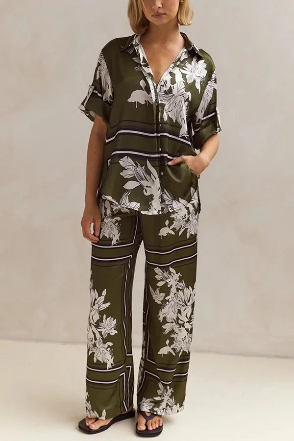 Fashionable Plant Print Loose Lapel Short Sleeve Shirt and Casual Elastic Waist Pocket Pants Set Olive