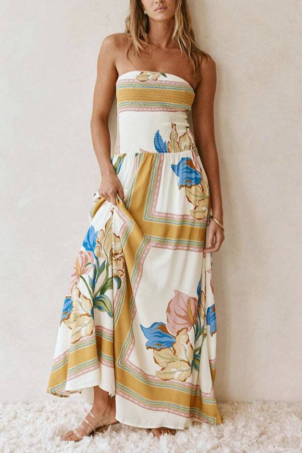 Vintage Floral Print Strapless Maxi Dress