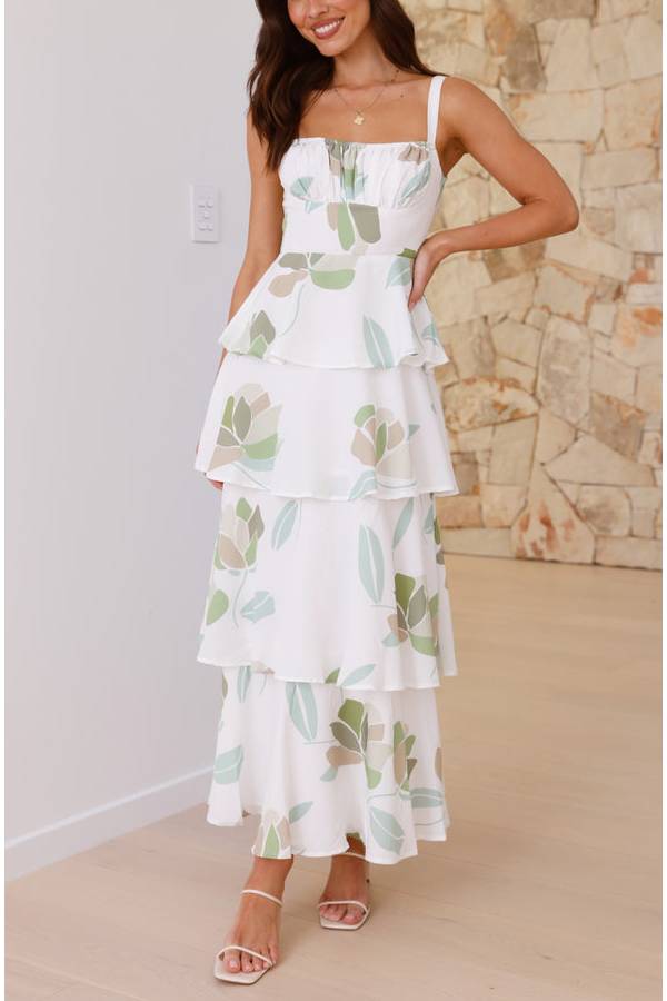 Autumn Maxi Dress - White/Green Floral White