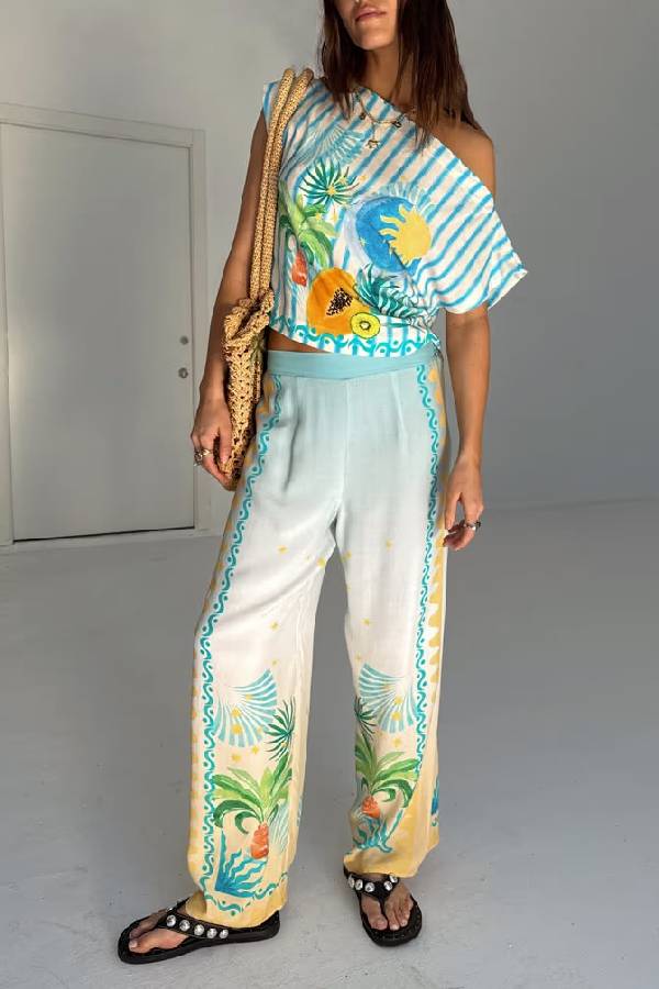 See You in Rio Tropical Fruits Print One Shoulder Wide Sleeve Loose Shirt