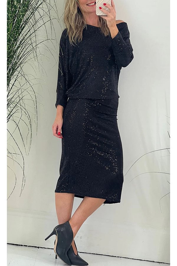 Full of Charm Sequin Dolman Sleeve Loose Midi Dress Black