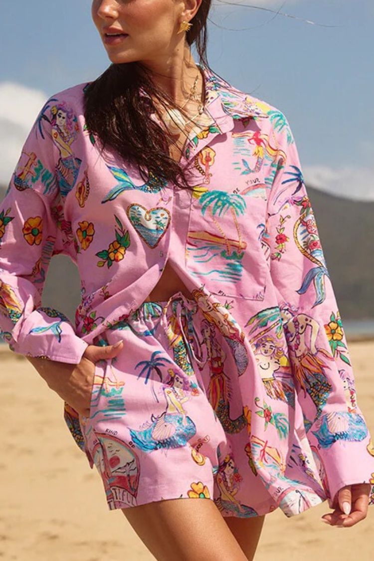 Mermaid Whispers Linen Blend Unique Print Long Sleeve Oversized Blouse Pink
