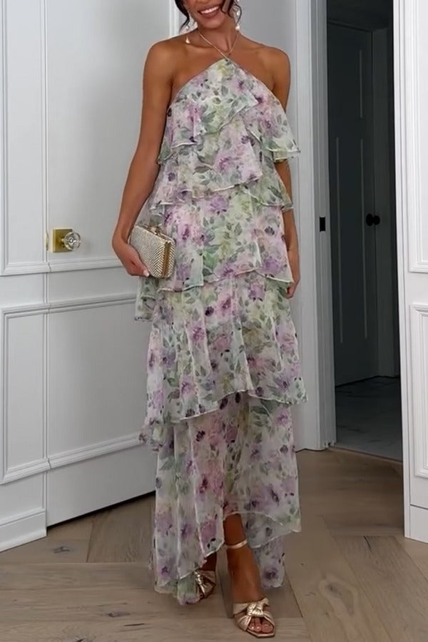 Cocktail Party Sheer Floral Georgette Halter Flowy Tiered Maxi Dress Purple