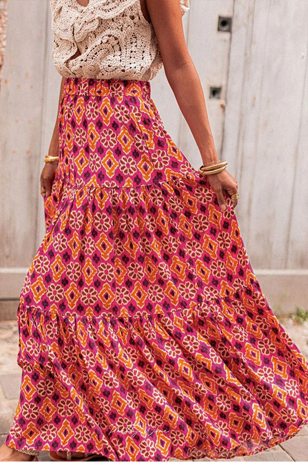 Rose Vintage Boho Floral Print Tiered Maxi Skirt Rose