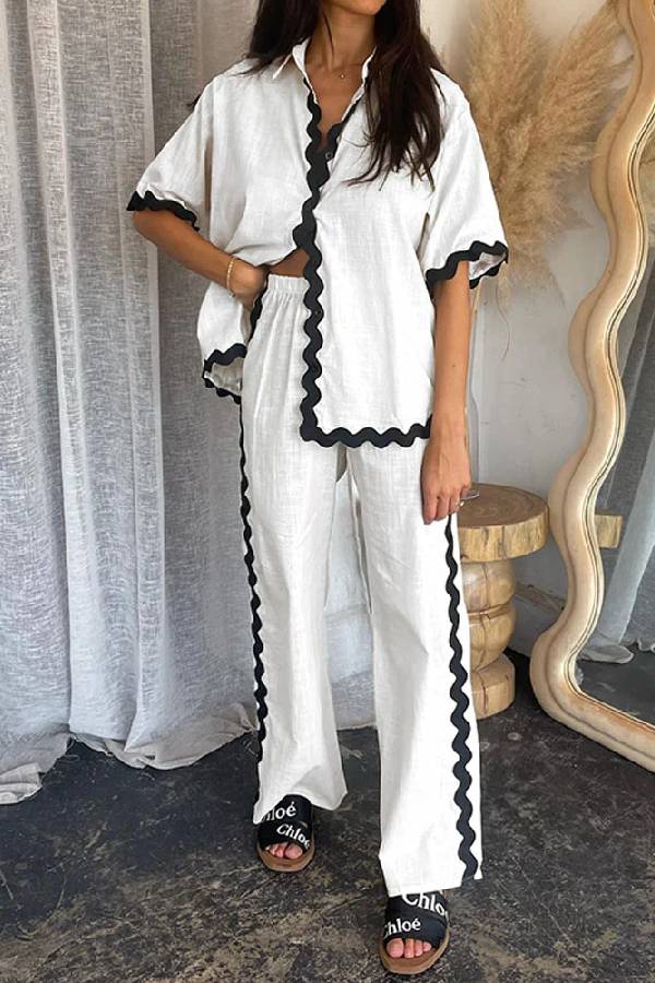 Casual Solid Color Shirt and Pants Suit White