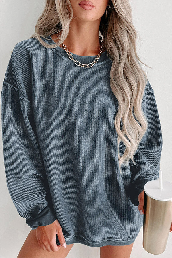 Solid Ribbed Round Neck Pullover Sweatshirt Blue