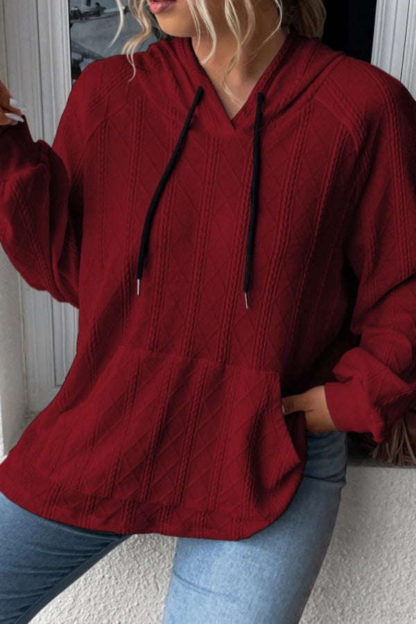 Casual Jacquard Patch Pocket Oversized Loose Hooded Sweatshirt Red