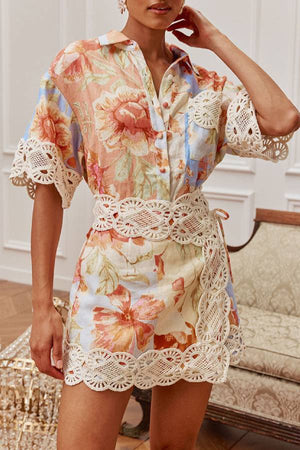 Vintage Watercolor Floral Lace Trim Shirt & Skirt Co-ord Set