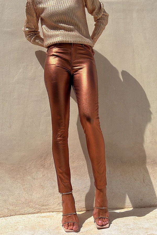Sweet and Glitzy Metallic Color Pocket Faux Leather Stretch Pants copper