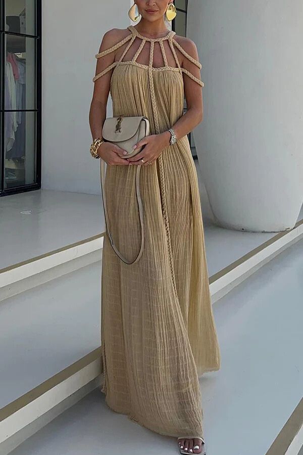 Modern and Sophisticated Linen Blend Draped Braids Cover Up Maxi Dress Khaki