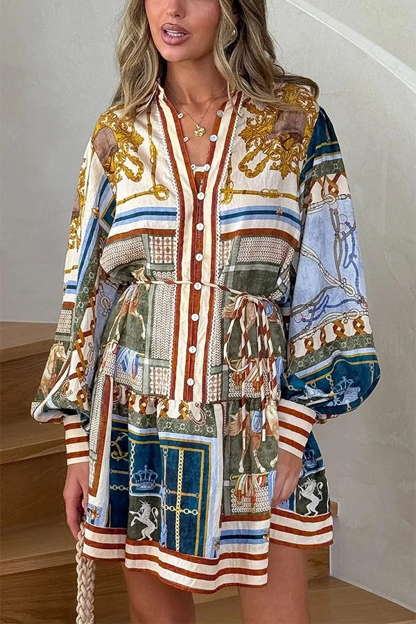 Palace Style Linen Blend Unique Print Button Balloon Sleeve Tie-up Shirt Mini Dress