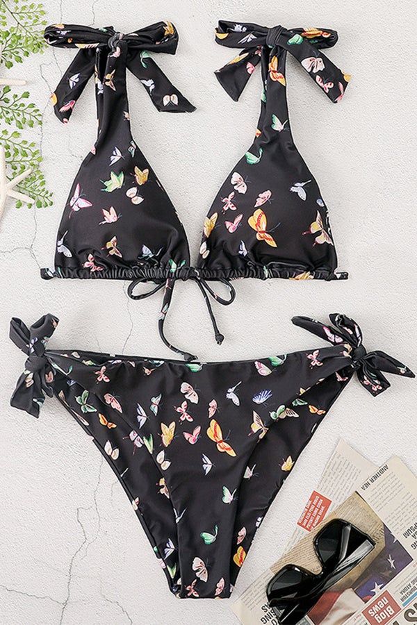 Bow Tie Print Bikini Black