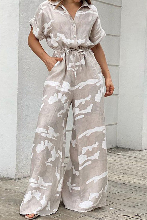 Irregular Print High Waist Side Pocket Button Tie Jumpsuit