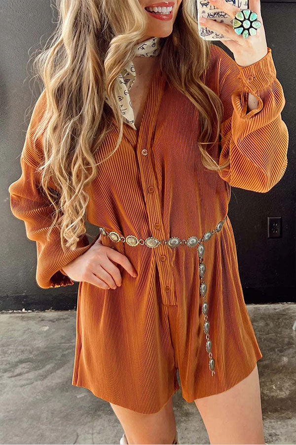 Ribbed Corduroy V Neck Button Front Romper Orange