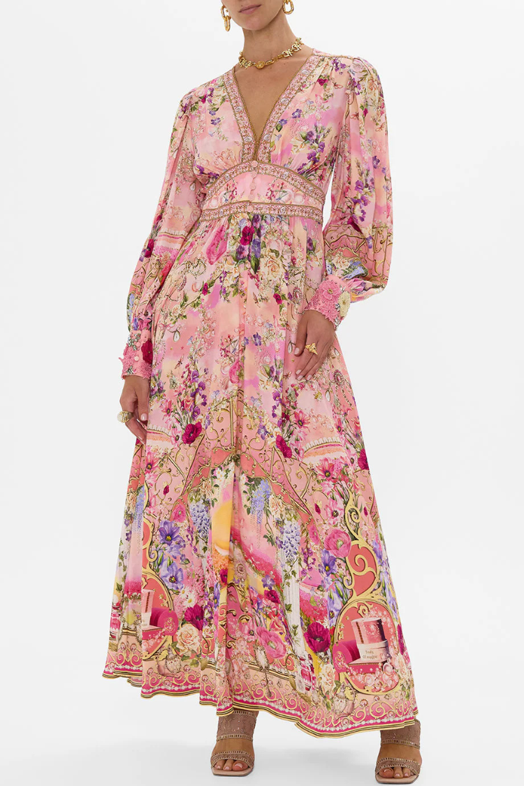 Printed V-neck Long-sleeved Puff Sleeve Waist Maxi Dress Pink