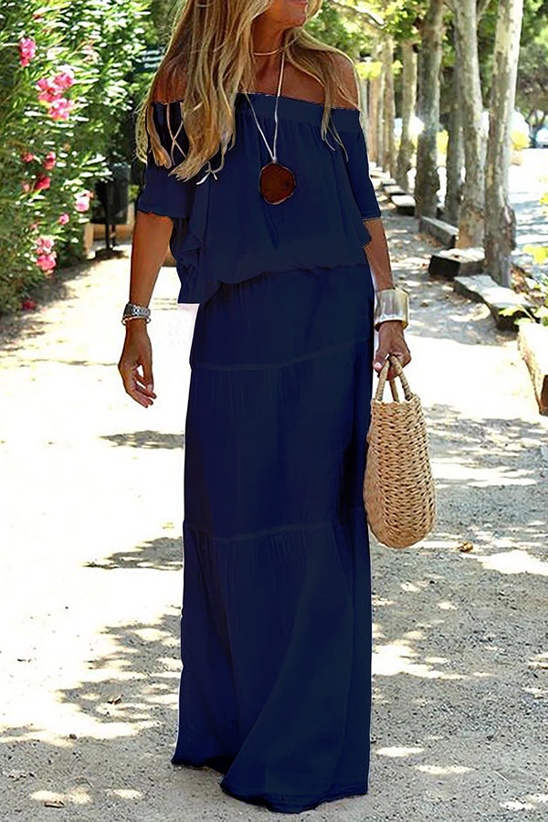 Casual Off Shoulder Solid Beach Maxi Dress Navy blue