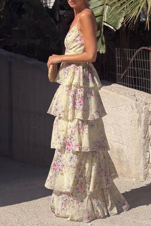 V-Neck Spaghetti Strap Floral Tiered Cake Vacation Maxi Dress