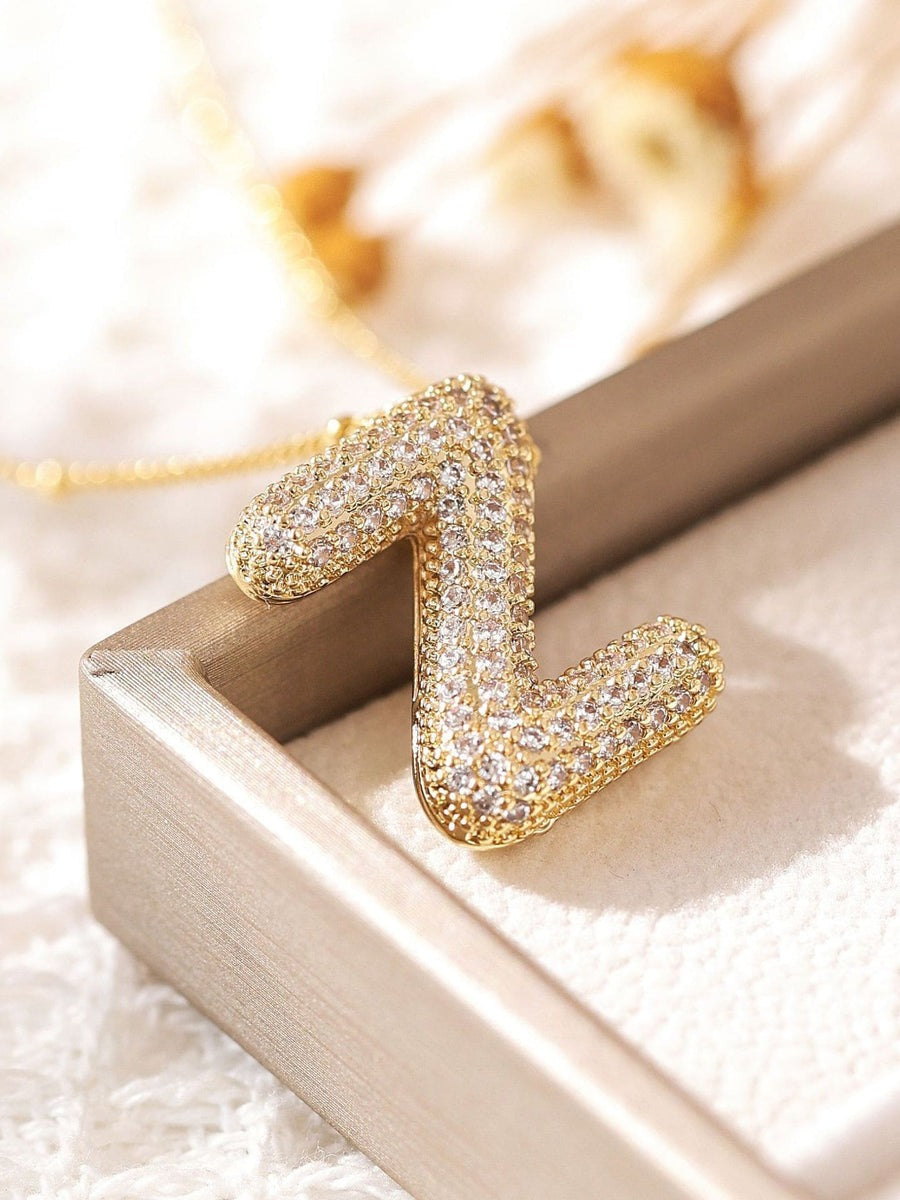 Pavé Bubble Letter Monogram Necklace Gold Z