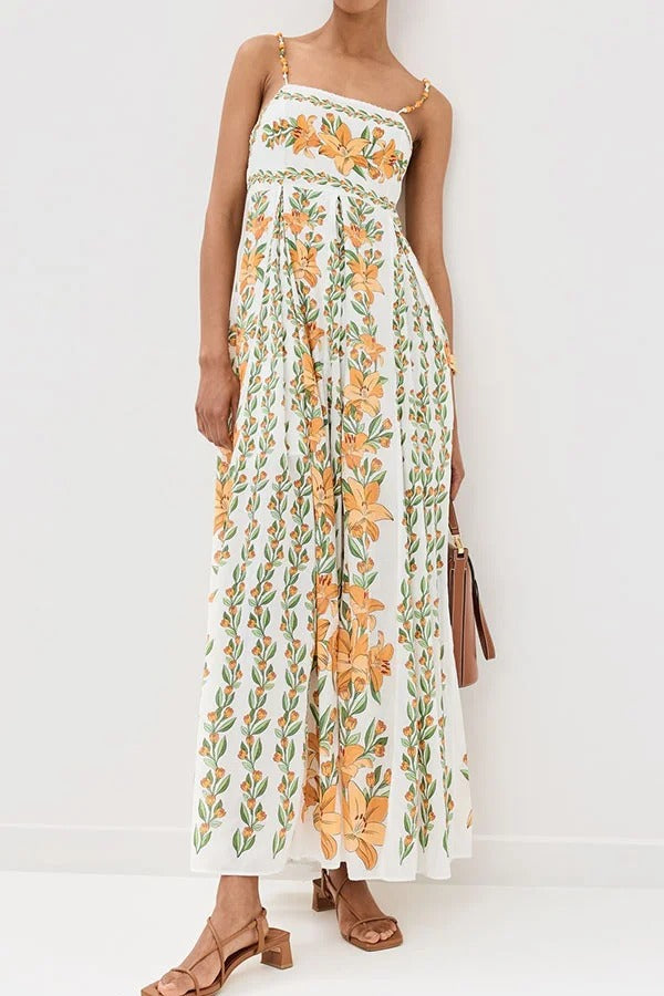 Summer Dreamer Linen Blend Unique Print Beaded Straps Pocketed Maxi Dress