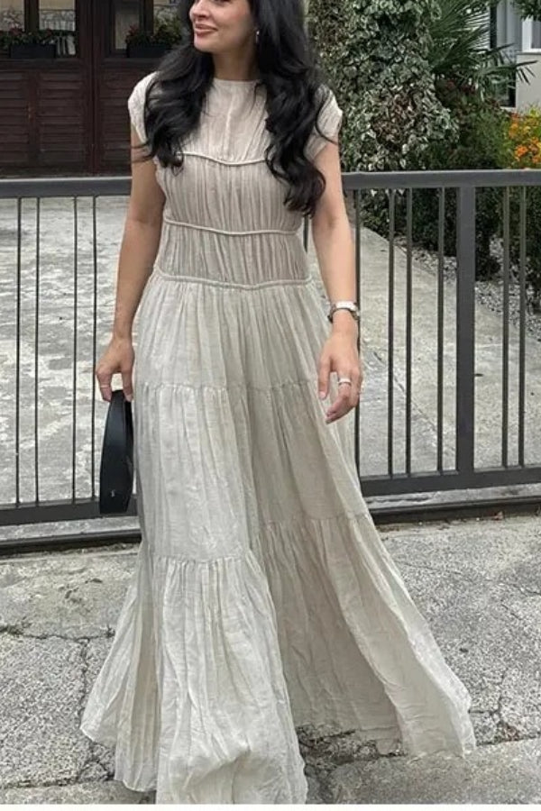 Short Sleeve High Waisted Long Pleated Summer Maxi Dress White