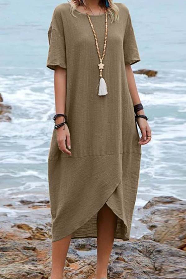 Solid Color Cotton Linen Retro Round Neck Short Sleeve Midi Dress Khaki