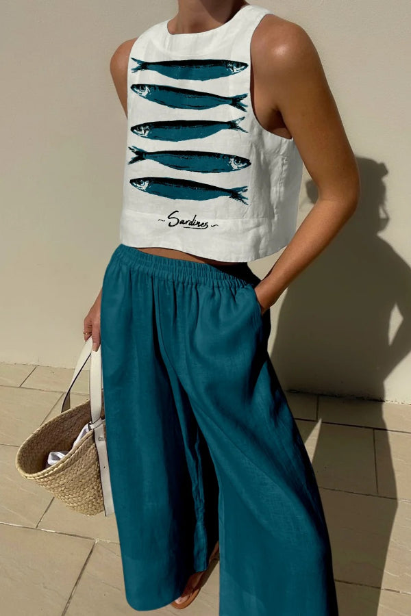 Linen Blend Unique Print Tank and Elastic Waist Pocketed Pants Set Dark green