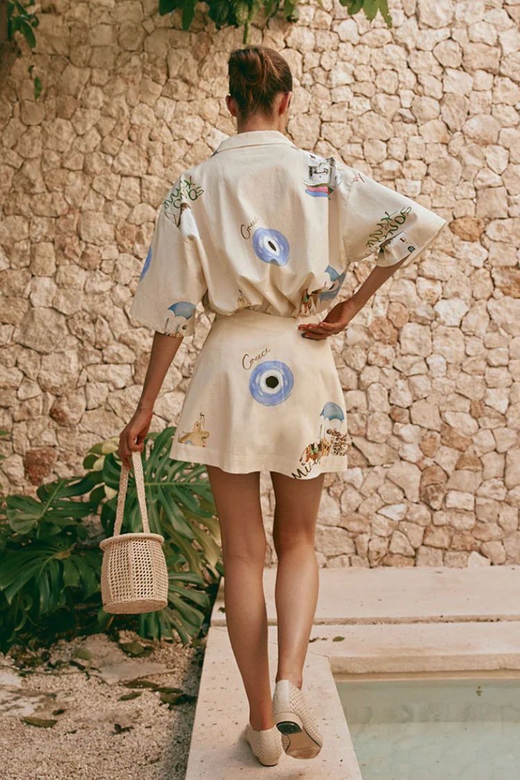 Kea Linen Blend Unique Print Short Sleeve Shirt and High Rise Wrap Panel Miniskirt Set