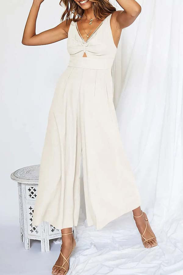 2023 SUMMER V NECK CUTOUT ADJUSTABLE STRAPS WIDE LEG JUMPSUITS White