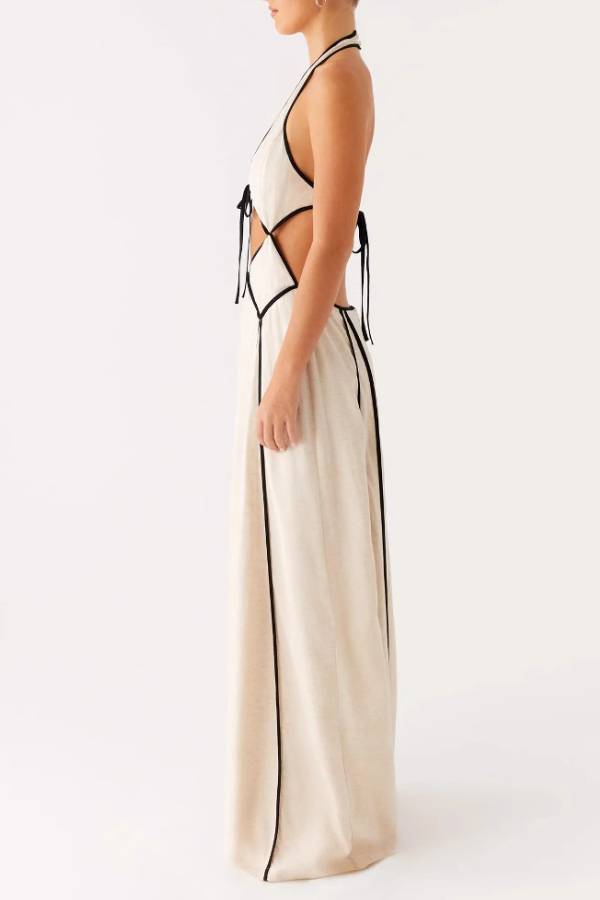 Halter Neck Deep V Contrast Trim Cutout Backless Maxi Dress