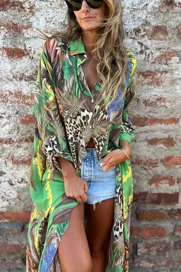 Jungle Miracle Animal Unique Print Button Long Sleeve Midi Relaxed Blouse Green