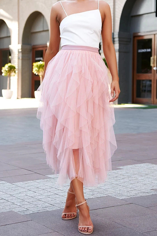 Fashionable solid color puffy mesh high waist slimming skirt Pink