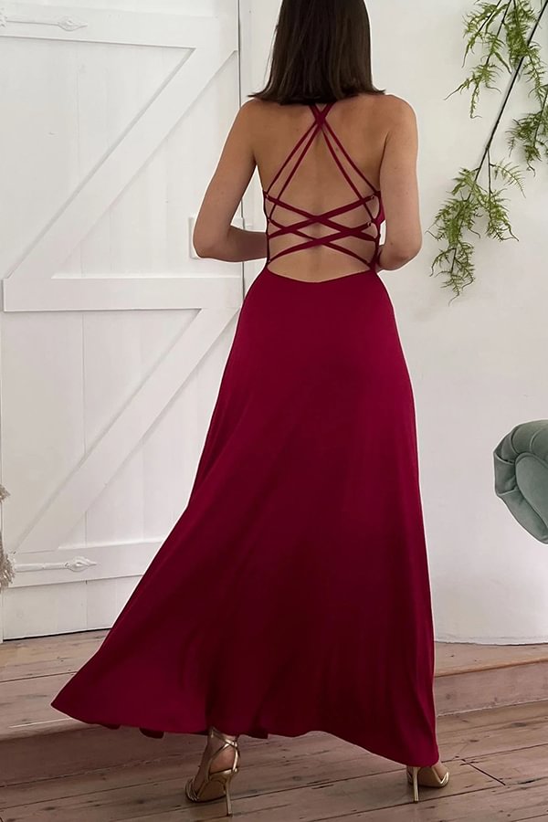 Another Most Beautiful Date Back Lace-up Stretch Maxi Dress Wine Red
