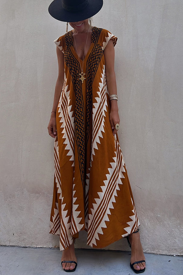 Beach Dates Ethnic Print A-line Maxi Dress Orange