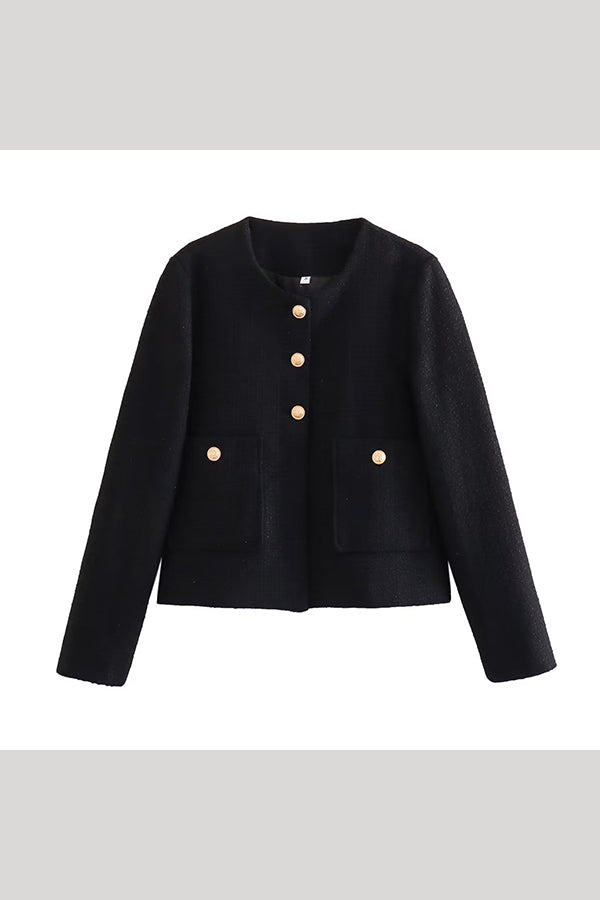 Solid Color Textured Casual Style Top Jacket Black