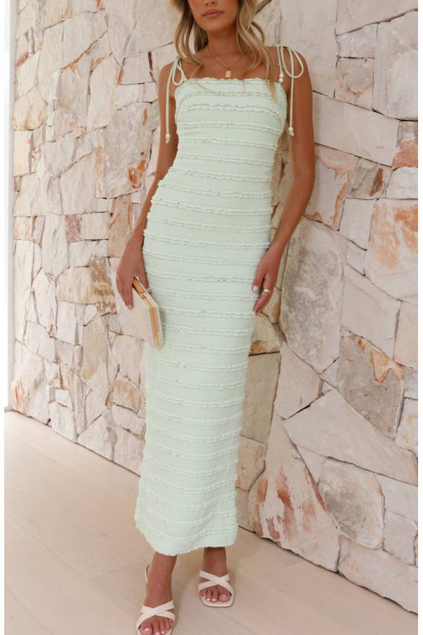Slimming Waist Solid Color Backless Beaded Maxi Dress Green