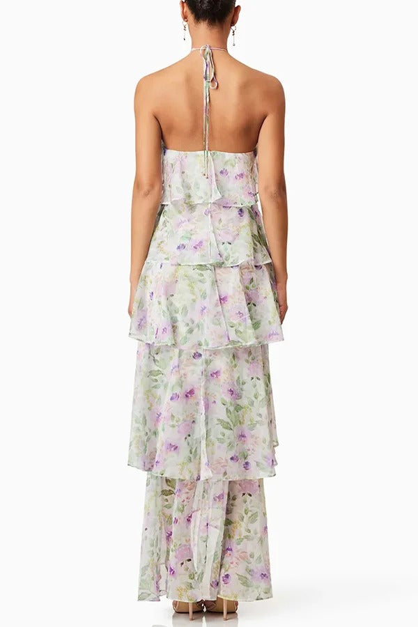 Cocktail Party Sheer Floral Georgette Halter Flowy Tiered Maxi Dress
