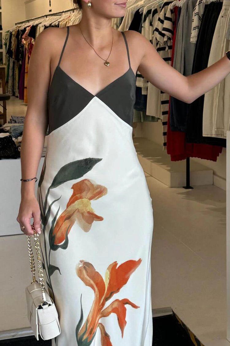 Unique Iris Print V-Neck Suspender Maxi Dress