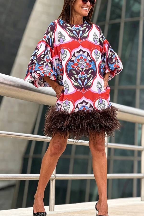 Make A Statement Unique Print Balloon Sleeve Pocket Feather Trim Mini Dress