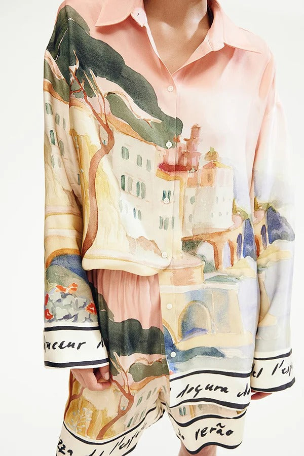 Ensemble chemise ample à manches longues et revers à imprimé unique et short décontracté à poches et taille élastique 