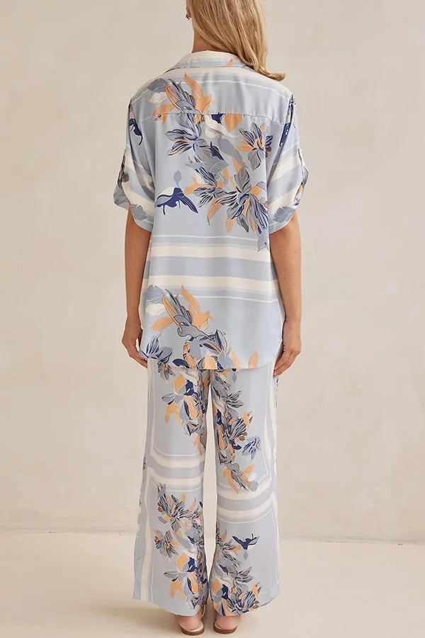 Fashionable Plant Print Loose Lapel Short Sleeve Shirt and Casual Elastic Waist Pocket Pants Set
