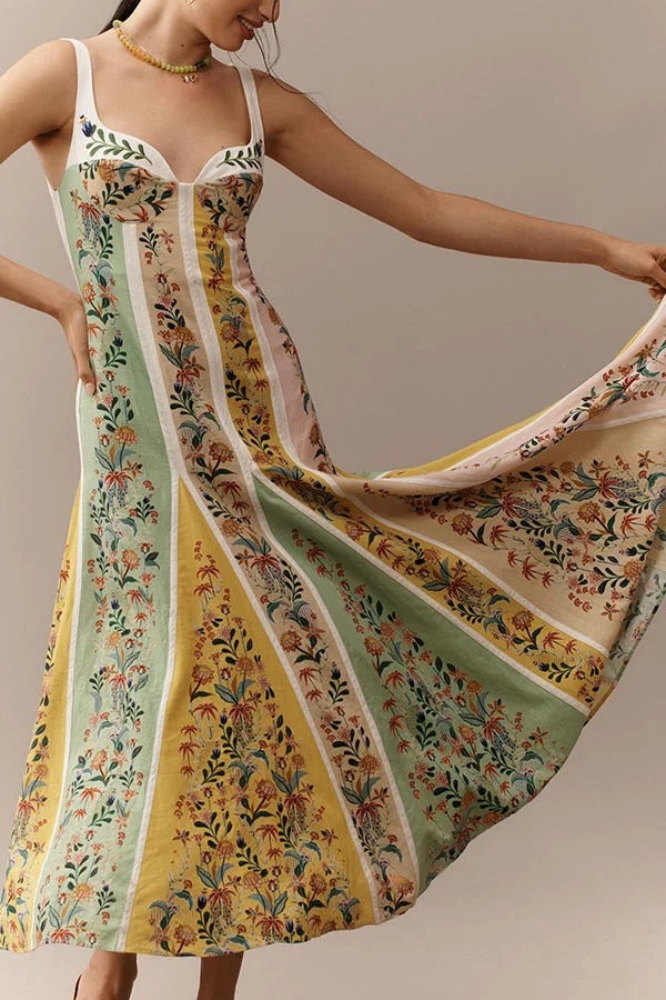Sweet Garden Linen Blend Color Block Floral Paneled Maxi Dress