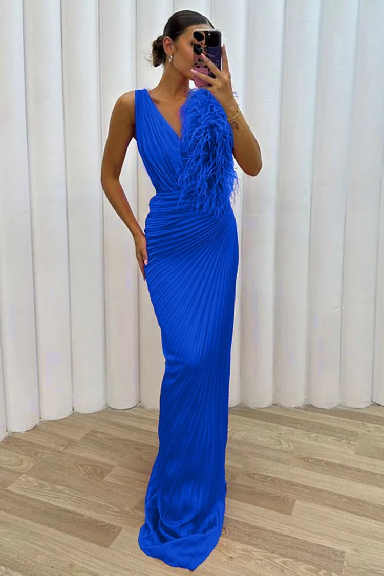 V Neck Feather Trim Pleated Prom Maxi Dresses Blue