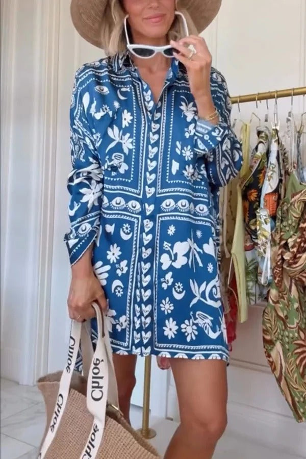 Zenya Satin Unique Print Button Up Long Sleeve Pocket Loose Mini Shirt Dress