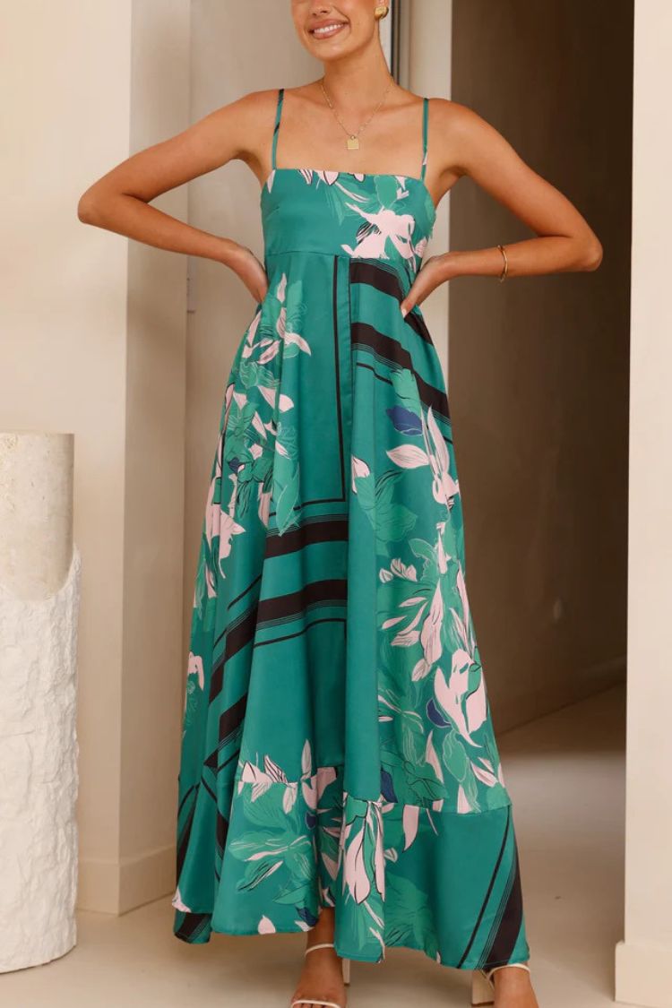 Botanical Print Square Neck Suspender Casual Full Hem Maxi Dress