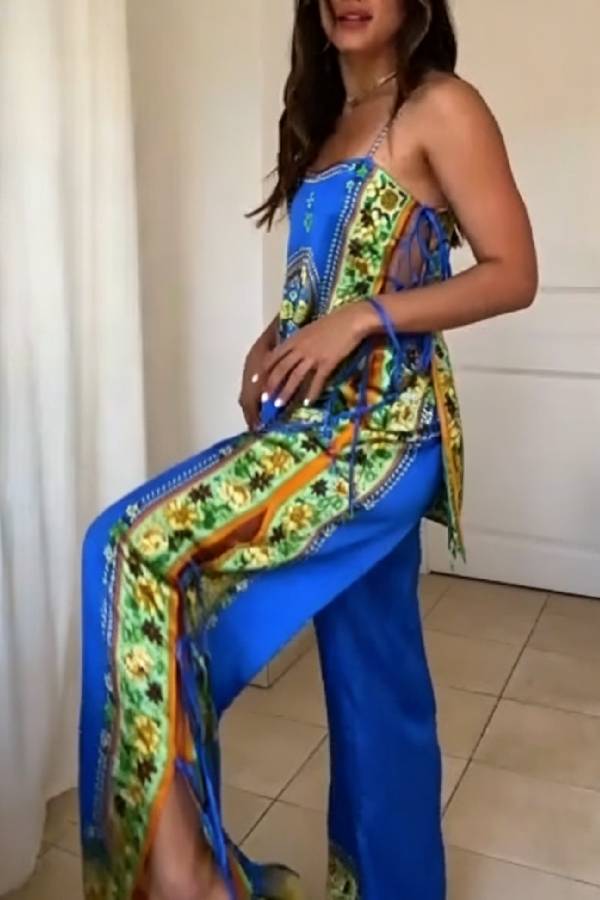 Satin Printed Tie Cami Top Split Wide Leg Pants 2 Piece Boho Vacation Set