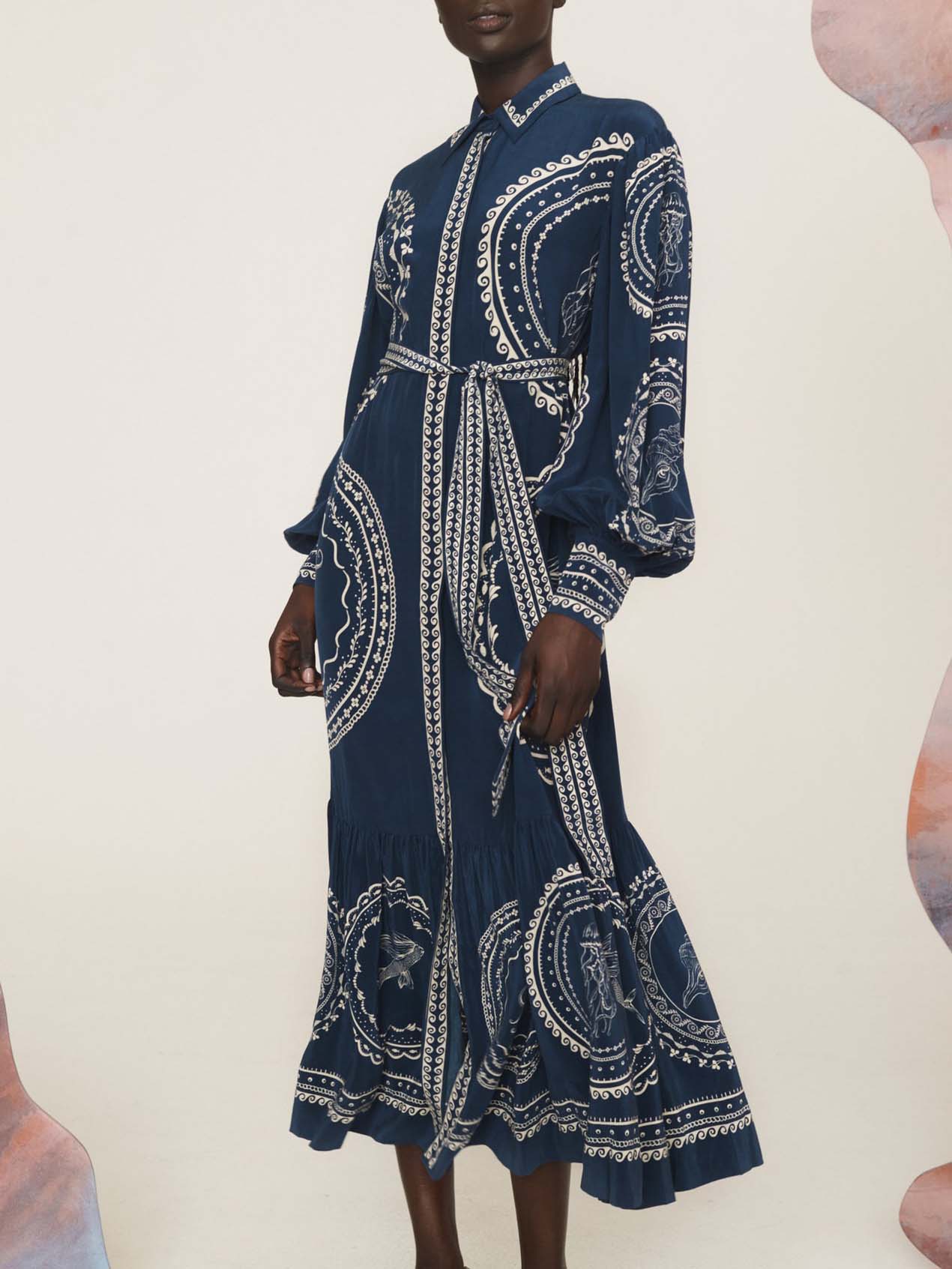 Robe mi-longue à lacets et imprimé océan bleu exquis