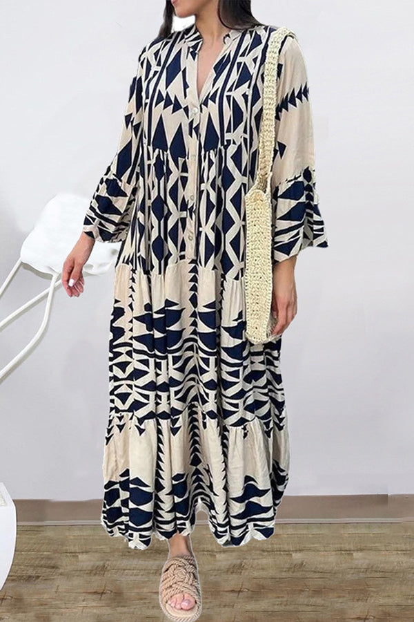 Bohemian elegant v-neck long sleeve dress Blue