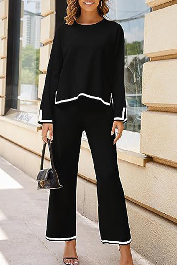 Tanming Long Sleeved Knitted and Wide Leg Pants Two Piece Set Black
