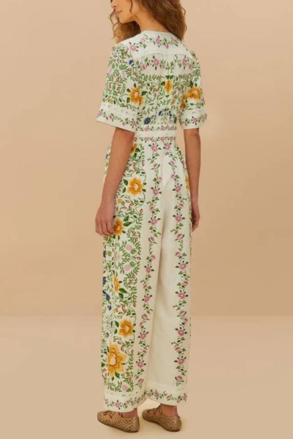 Natural Charm Linen Blend Floral Print Short Sleeve Pocketed Wide Leg Jumpsuit